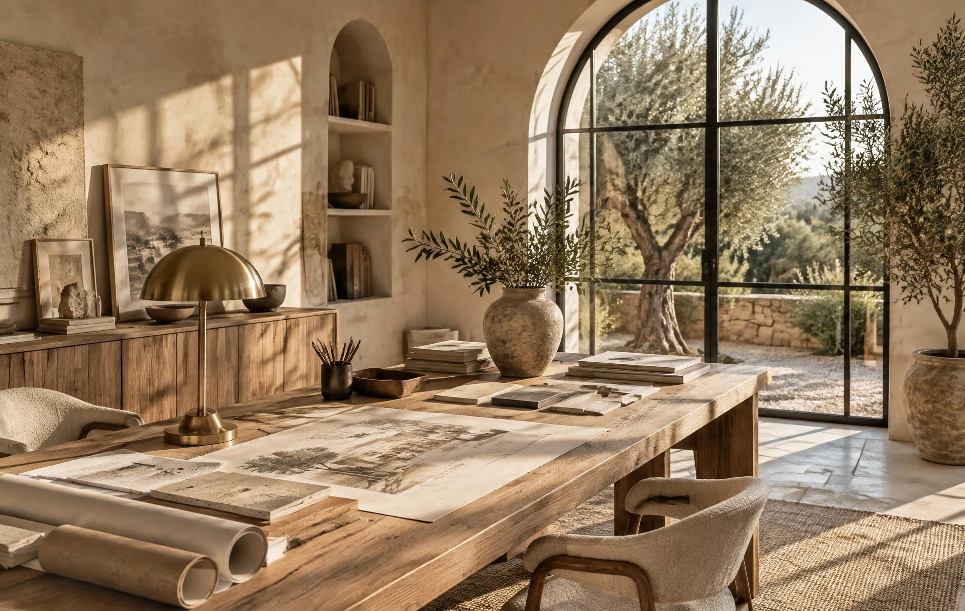 Sunlit Aastiv Tech creative studio with an oak worktable, design sketches, brass lamp and an arched window to olive trees
