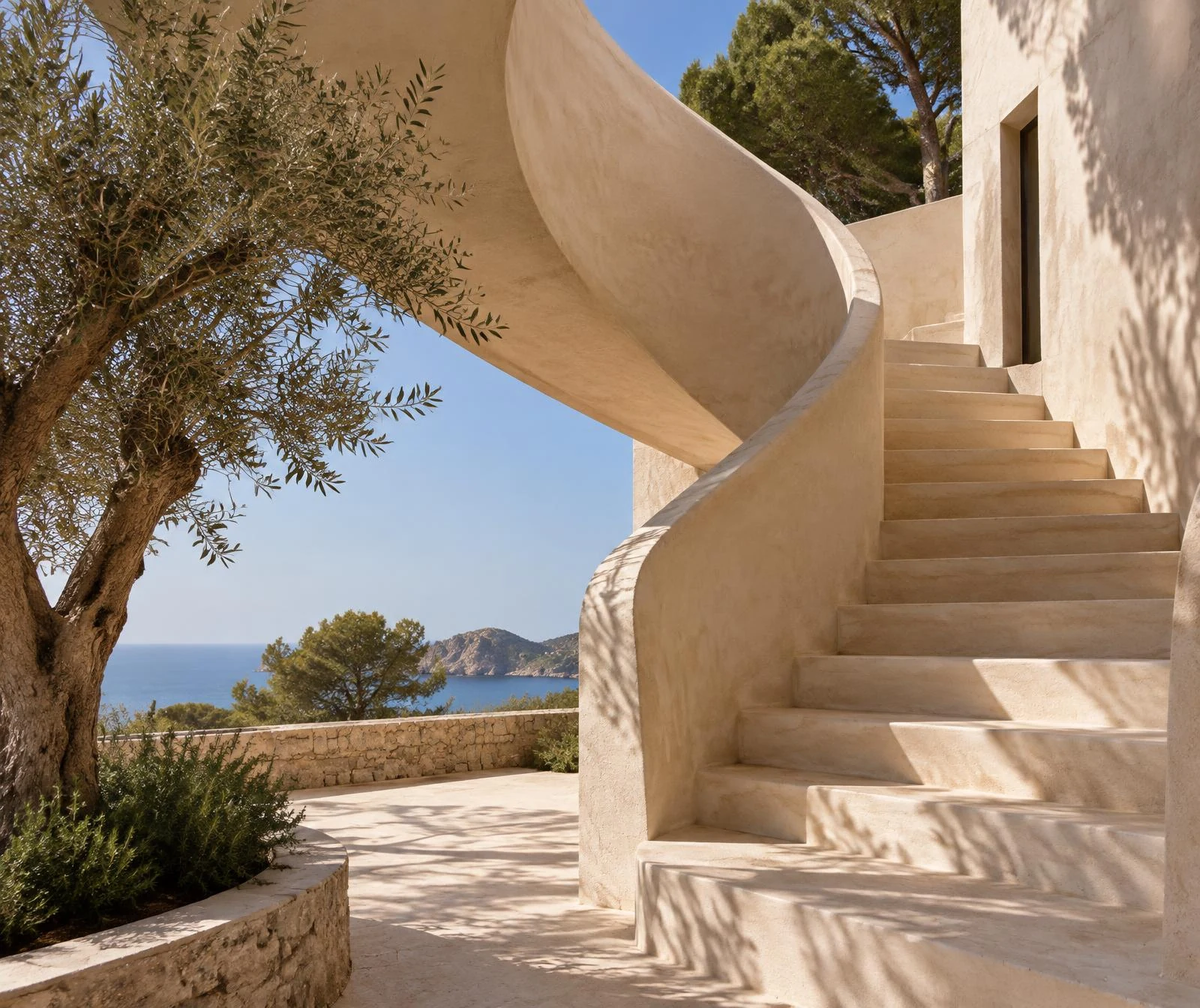 Sculptural curved travertine staircase beside an olive tree overlooking the sea in bright sunlight