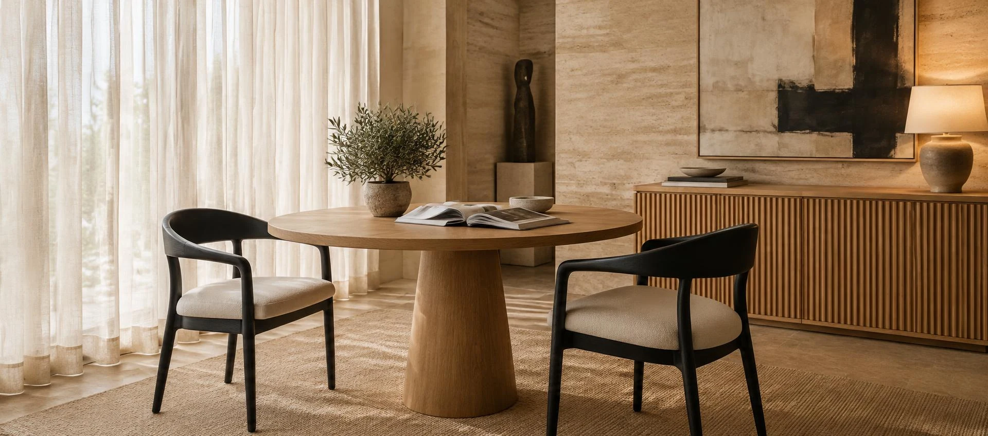 Aastiv Tech client meeting lounge with a round oak table, black wooden chairs and linen curtains in soft daylight
