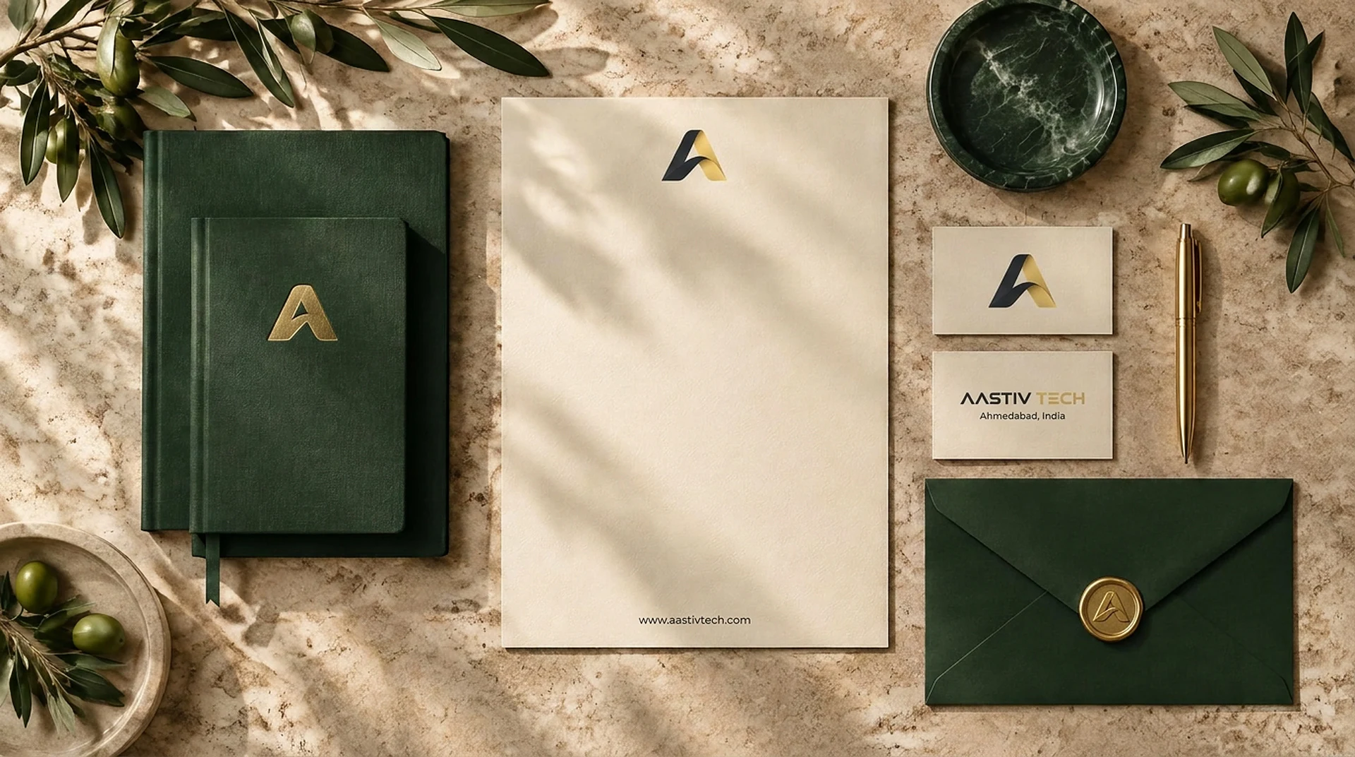 Aastiv Tech brand identity stationery with the gold A logo on letterhead, business cards, a forest-green notebook and a wax-sealed envelope on travertine