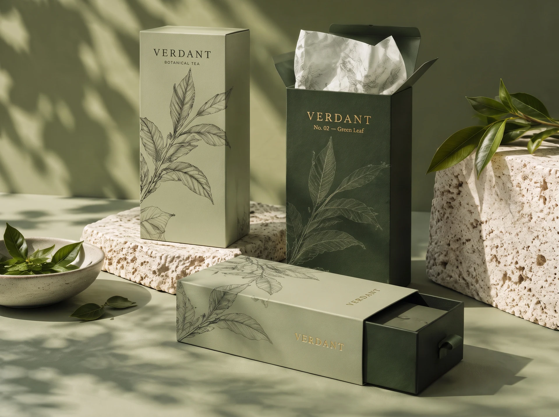 Premium Verdant botanical tea packaging design in sage and forest green with gold-foil lettering and line-art leaf illustrations