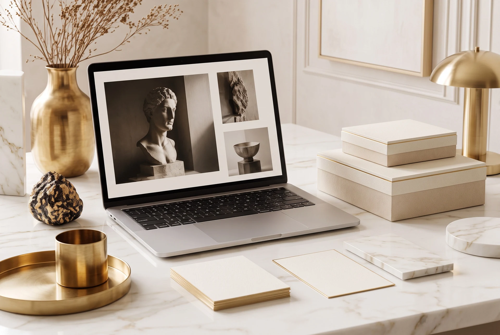 Website, branding and packaging work on a white marble desk with a laptop, cream gift boxes, business cards and brass accents