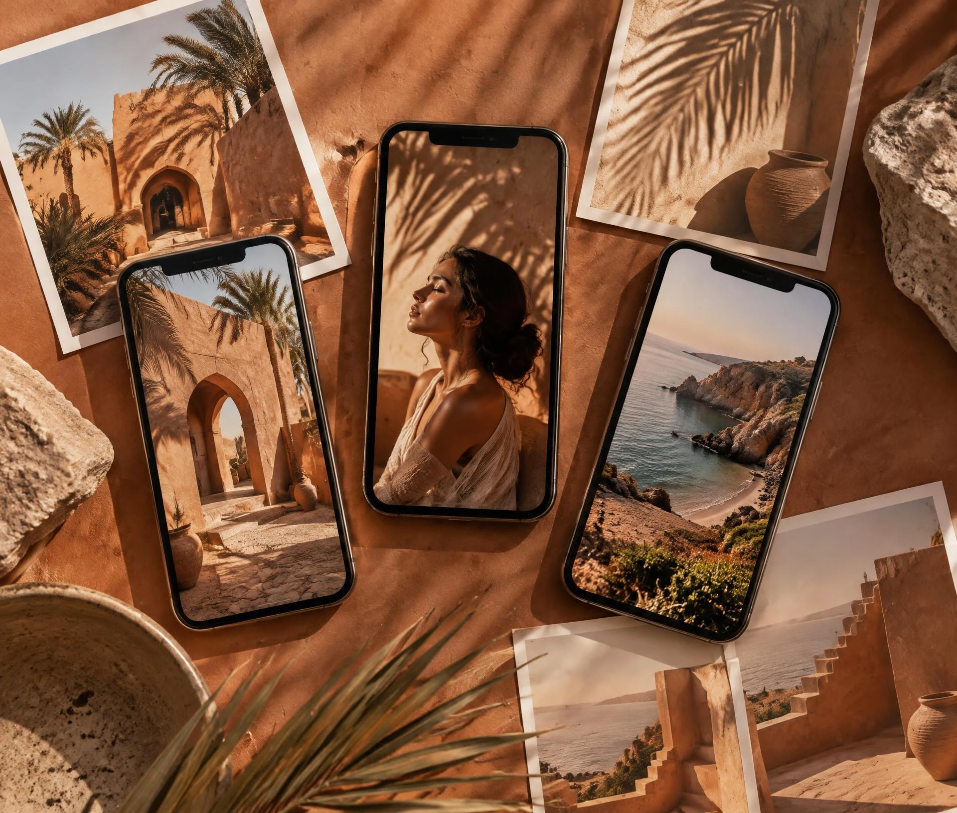 Social media campaign creatives on three smartphones with warm editorial travel and portrait photos on a terracotta surface