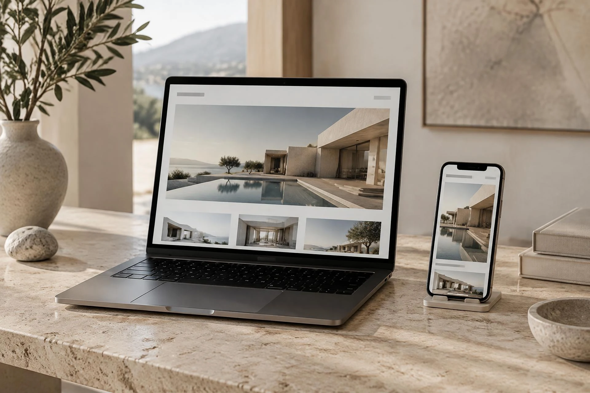 Website design by Aastiv Tech in Ahmedabad shown on a laptop and smartphone on a travertine desk with an olive branch